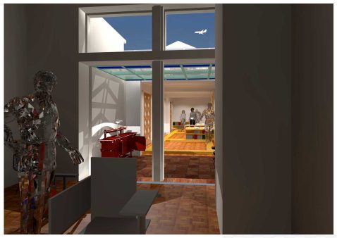 plan: interieur gezien vanuit het huis naar de nieuwe aanbouw