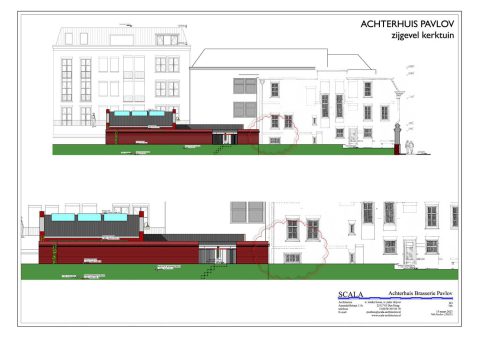 bestaand en nieuw aanzicht vanuit de kerktuin